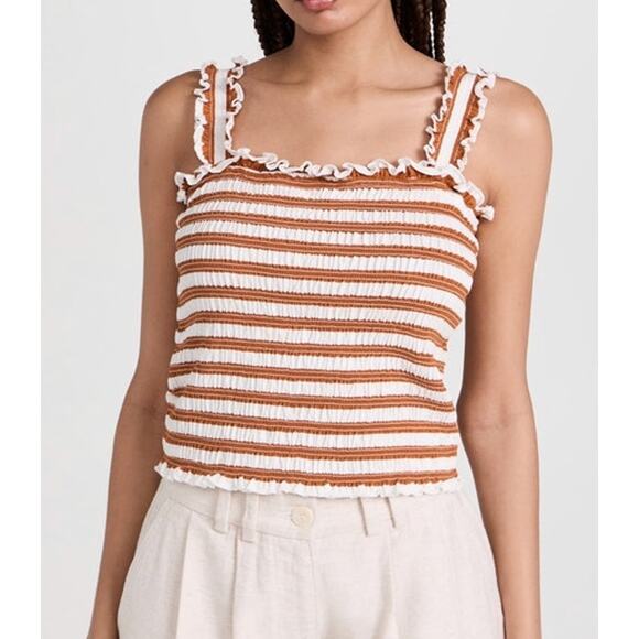 NWT VERONICA BEARD TOP WHITE STRIPED TANK RUCHED SMOCKED CROP RUFFLE AVERIE - Picture 1 of 14